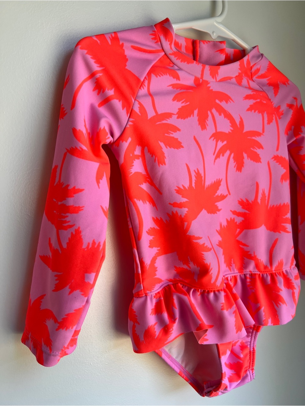 18 Month Bright Pink Palm Tree Long Sleeve Swimsuit One Piece Rash Guard 🌴☀️ - Picture 2 of 3